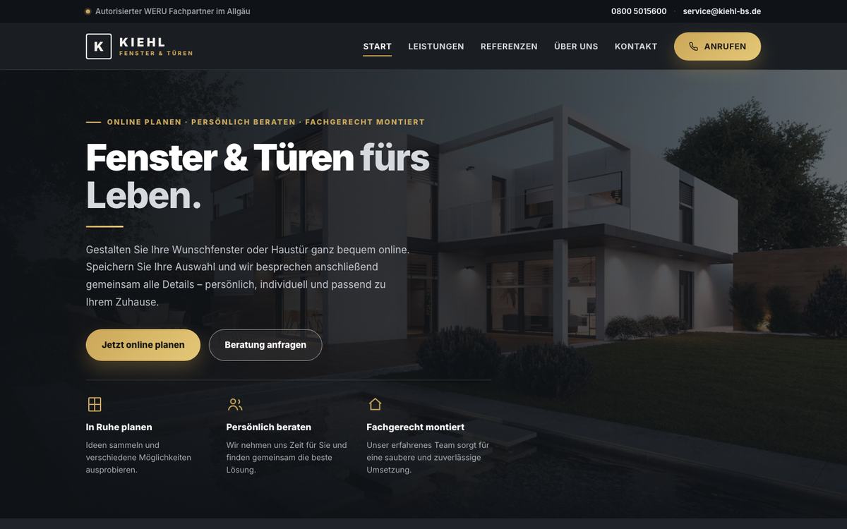 Website für Kiehl Fenster & Türen — WERU-Partner · Allgäu