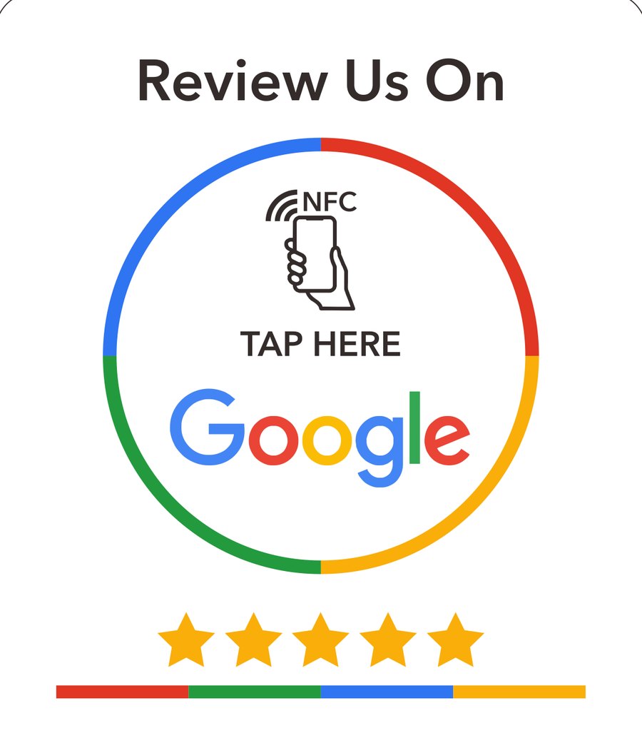 NFC-Bewertungsaufsteller von WebAndVision: Review Us On Google, Tap here